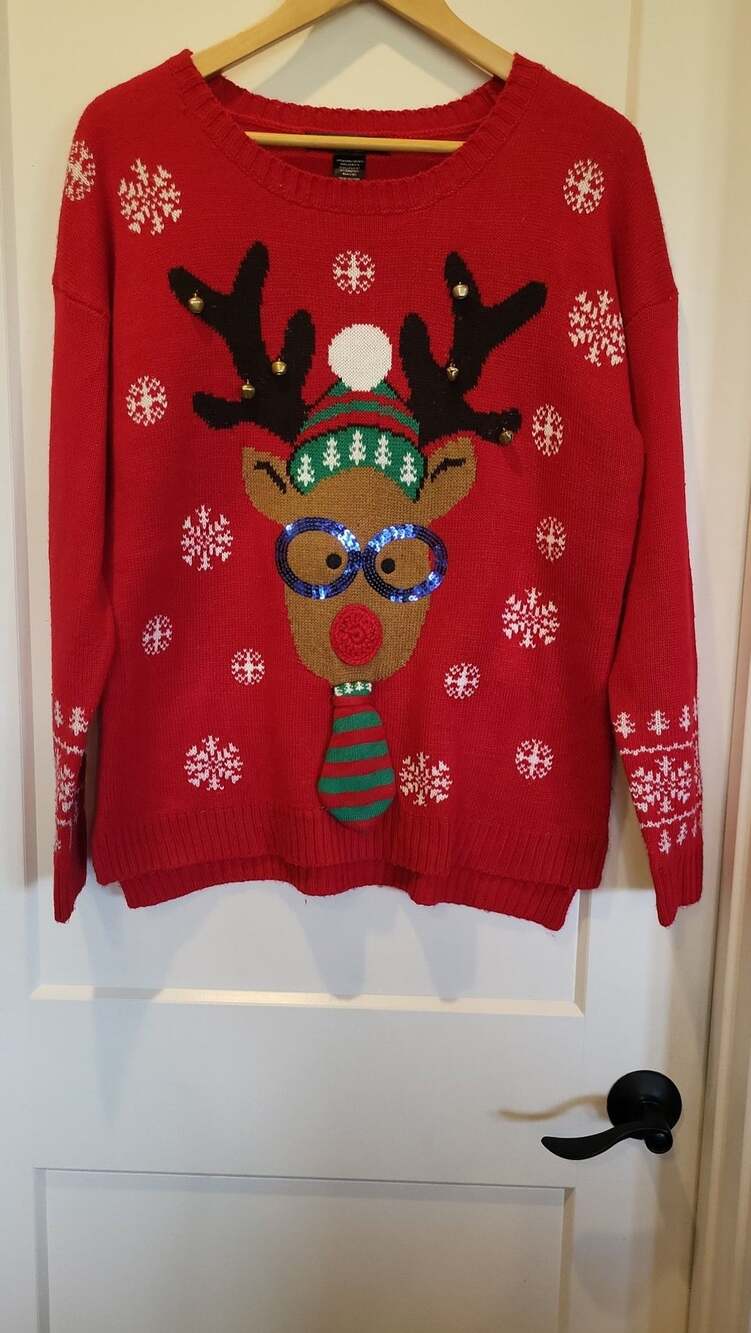 United States Sweaters Women's Red Sequin Reindeer Ugly Christmas Sweater Size L